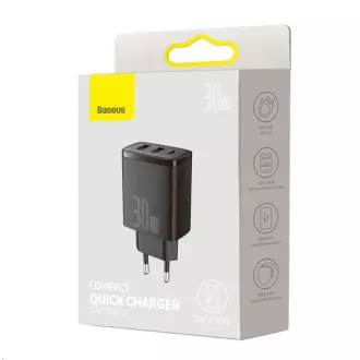 Baseus kompaktný rýchlonabíjací adaptér 2x USB-A, 1x Type-C 30W čierna