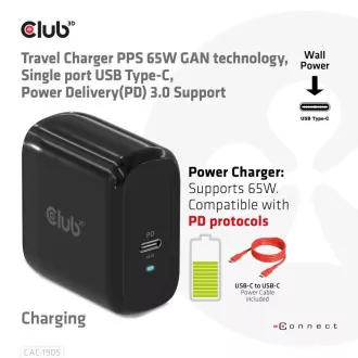 Club3D cestovná nabíjačka PPS 65W GAN technológia, USB Type-C, Power Delivery (PD) 3.0 Support