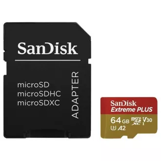 SanDisk micro SDXC karta 64 GB Extreme PLUS (200 MB/s Class 10, UHS-I U3 V30) + adaptér SanDisk micro SDXC karta 64 GB Extreme PLUS (200 MB/s Class 10, UHS-I U3 V30) + adaptér
