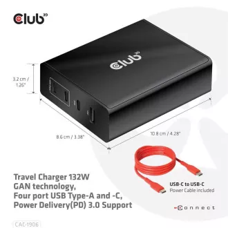 Club3D cestovná nabíjačka 132W GAN technológia, 4xUSB-A a USB-C, PD 3.0 Support