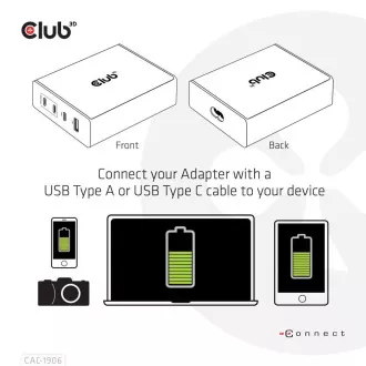 Club3D cestovná nabíjačka 132W GAN technológia, 4xUSB-A a USB-C, PD 3.0 Support