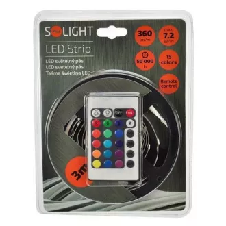 Solight LED svetelný pás, RGB, 3m, sada s 12V adaptérom a diaľk. ovládačom, 7, 2W/m, IP20