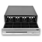 Virtuos pokladničná zásuvka C430D - s káblom, kovové držiaky, nerez panel, 9-24V, čierna