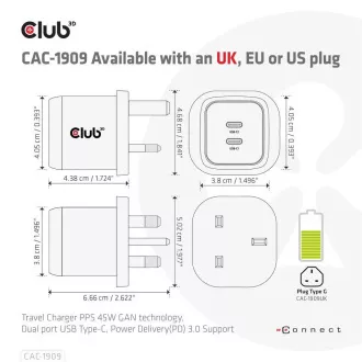 Club3D cestovná nabíjačka PPS 45W GAN technológia, Dual port USB Type-C, Power Delivery (PD) 3.0 Support