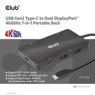 Club3D Dokovacia stanica USB-C 7v1, 2xDP, 2xUSB-C, 2xUSB, 1xRJ45, čierna