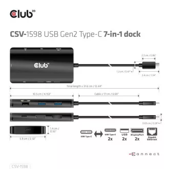 Club3D Dokovacia stanica USB-C 7v1, 2xDP, 2xUSB-C, 2xUSB, 1xRJ45, čierna