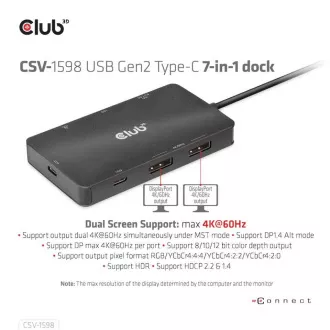 Club3D Dokovacia stanica USB-C 7v1, 2xDP, 2xUSB-C, 2xUSB, 1xRJ45, čierna