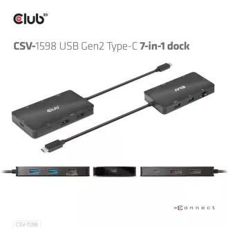 Club3D Dokovacia stanica USB-C 7v1, 2xDP, 2xUSB-C, 2xUSB, 1xRJ45, čierna