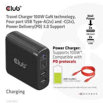 Club3D cestovná nabíjačka 100W GAN technológia, 2xUSB-A a 2xUSB-C, PD 3.0 Support