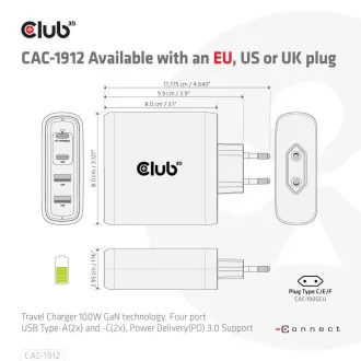 Club3D cestovná nabíjačka 100W GAN technológia, 2xUSB-A a 2xUSB-C, PD 3.0 Support