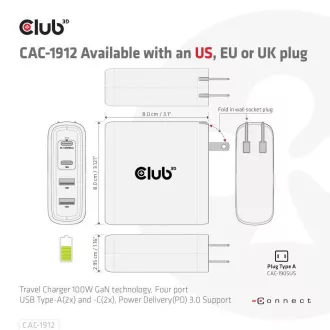 Club3D cestovná nabíjačka 100W GAN technológia, 2xUSB-A a 2xUSB-C, PD 3.0 Support