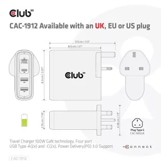 Club3D cestovná nabíjačka 100W GAN technológia, 2xUSB-A a 2xUSB-C, PD 3.0 Support