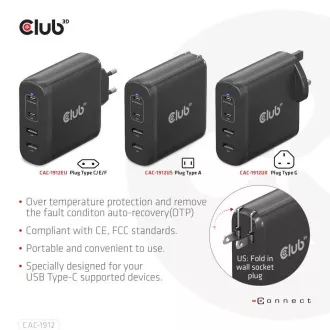Club3D cestovná nabíjačka 100W GAN technológia, 2xUSB-A a 2xUSB-C, PD 3.0 Support
