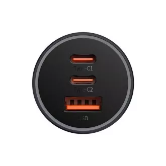 Baseus rýchlonabíjací adaptér do automobilu 2*USB-C + USB-A 65W tmavo šedá