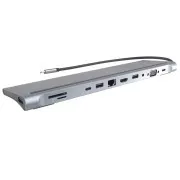 PREMIUMCORD Dokovacia stanica USB-C 10v1, 1xHDMI, 1xVGA, 2xUSB-C, 3xUSB, 1xRJ45, čítačka SD kariet, sivá