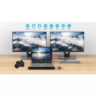 PREMIUMCORD Dokovacia stanica USB-C 10v1, 1xHDMI, 1xVGA, 2xUSB-C, 3xUSB, 1xRJ45, čítačka SD kariet, sivá
