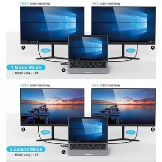 PREMIUMCORD Dokovacia stanica USB-C 10v1, 1xHDMI, 1xVGA, 2xUSB-C, 3xUSB, 1xRJ45, čítačka SD kariet, sivá