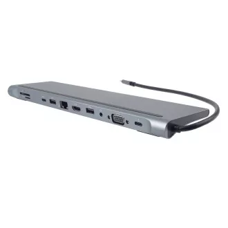 PREMIUMCORD Dokovacia stanica USB-C 10v1, 1xHDMI, 1xVGA, 2xUSB-C, 3xUSB, 1xRJ45, čítačka SD kariet, sivá
