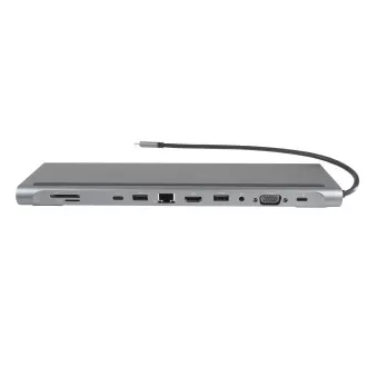 PREMIUMCORD Dokovacia stanica USB-C 10v1, 1xHDMI, 1xVGA, 2xUSB-C, 3xUSB, 1xRJ45, čítačka SD kariet, sivá