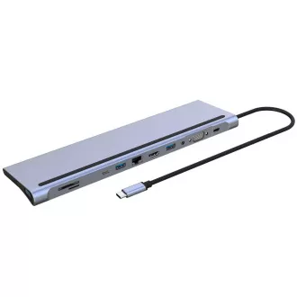 PREMIUMCORD Dokovacia stanica USB-C 10v1, 1xHDMI, 1xVGA, 2xUSB-C, 3xUSB, 1xRJ45, čítačka SD kariet, sivá