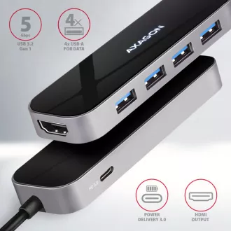 AXAGON HMC-6H4A, USB 3.2 Gen 1 húb, porty 4x USB-A, HDMI 4k/30Hz, PD 100W, kábel USB-C 20cm