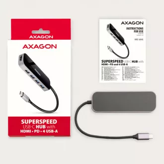 AXAGON HMC-6H4A, USB 3.2 Gen 1 húb, porty 4x USB-A, HDMI 4k/30Hz, PD 100W, kábel USB-C 20cm
