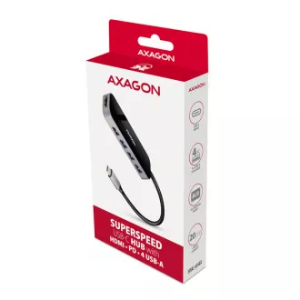 AXAGON HMC-6H4A, USB 3.2 Gen 1 húb, porty 4x USB-A, HDMI 4k/30Hz, PD 100W, kábel USB-C 20cm