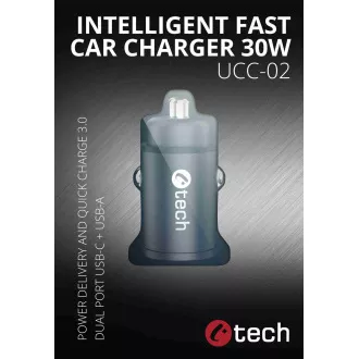 C-TECH nabíjačka USB do auta UCC-02, 1x Type C + 1 x Type A, 30W