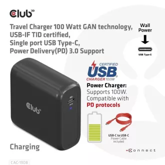 Club3D cestovná nabíjačka 100W GAN technológia, USB-IF TID certified, USB Type-C, Power Delivery (PD) 3.0 Support