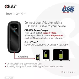 Club3D cestovná nabíjačka 100W GAN technológia, USB-IF TID certified, USB Type-C, Power Delivery (PD) 3.0 Support