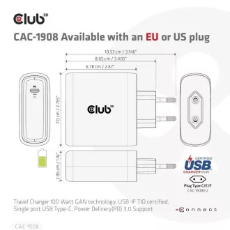 Club3D cestovná nabíjačka 100W GAN technológia, USB-IF TID certified, USB Type-C, Power Delivery (PD) 3.0 Support
