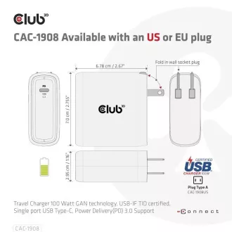 Club3D cestovná nabíjačka 100W GAN technológia, USB-IF TID certified, USB Type-C, Power Delivery (PD) 3.0 Support