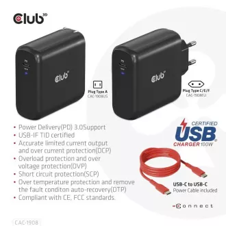 Club3D cestovná nabíjačka 100W GAN technológia, USB-IF TID certified, USB Type-C, Power Delivery (PD) 3.0 Support