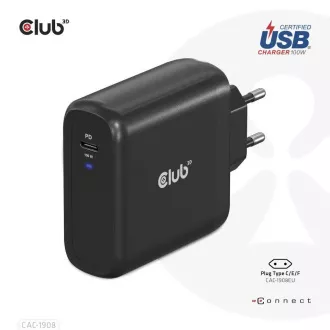 Club3D cestovná nabíjačka 100W GAN technológia, USB-IF TID certified, USB Type-C, Power Delivery (PD) 3.0 Support