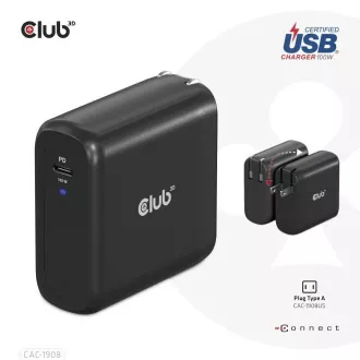 Club3D cestovná nabíjačka 100W GAN technológia, USB-IF TID certified, USB Type-C, Power Delivery (PD) 3.0 Support