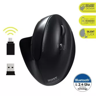 PORT vertikálna bezdrôtová ergonomická myš, BT, 2, 4 GHz, USB-A/C, pre pravákov, čierna PORT vertikálna bezdrôtová ergonomická myš, BT, 2, 4 GHz, USB-A/C, pre pravákov, čierna