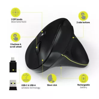 PORT vertikálna bezdrôtová ergonomická myš, BT, 2, 4 GHz, USB-A/C, pre pravákov, čierna PORT vertikálna bezdrôtová ergonomická myš, BT, 2, 4 GHz, USB-A/C, pre pravákov, čierna