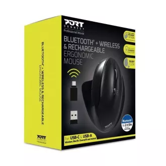 PORT vertikálna bezdrôtová ergonomická myš, BT, 2, 4 GHz, USB-A/C, pre pravákov, čierna PORT vertikálna bezdrôtová ergonomická myš, BT, 2, 4 GHz, USB-A/C, pre pravákov, čierna