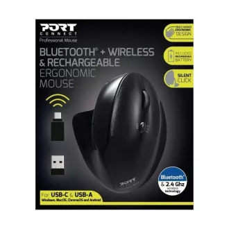 PORT vertikálna bezdrôtová ergonomická myš, BT, 2, 4 GHz, USB-A/C, pre pravákov, čierna PORT vertikálna bezdrôtová ergonomická myš, BT, 2, 4 GHz, USB-A/C, pre pravákov, čierna