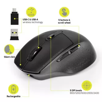 PORT dobíjacia myš s duálnym bezdrôtovým pripojením, BT, 2, 4 GHz, USB-A/C, čierna