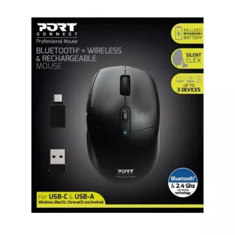 PORT dobíjacia myš s duálnym bezdrôtovým pripojením, BT, 2, 4 GHz, USB-A/C, čierna