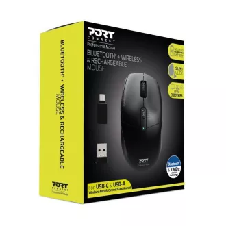PORT dobíjacia myš s duálnym bezdrôtovým pripojením, BT, 2, 4 GHz, USB-A/C, čierna