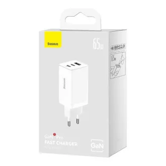 Baseus GaN5 Pre rýchlonabíjací adaptér 2x USB-C + USB-A 65W biela