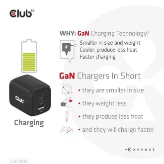 Club3D cestovná nabíjačka 65W GAN technológia, 3 porty (2xUSB-C + USB-A), PPS, Power Delivery (PD) 3.0 Support