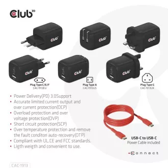 Club3D cestovná nabíjačka 65W GAN technológia, 3 porty (2xUSB-C + USB-A), PPS, Power Delivery (PD) 3.0 Support