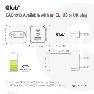 Club3D cestovná nabíjačka 65W GAN technológia, 3 porty (2xUSB-C + USB-A), PPS, Power Delivery (PD) 3.0 Support
