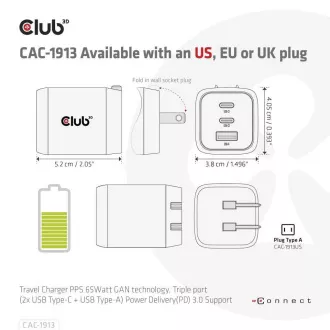 Club3D cestovná nabíjačka 65W GAN technológia, 3 porty (2xUSB-C + USB-A), PPS, Power Delivery (PD) 3.0 Support