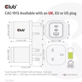 Club3D cestovná nabíjačka 65W GAN technológia, 3 porty (2xUSB-C + USB-A), PPS, Power Delivery (PD) 3.0 Support