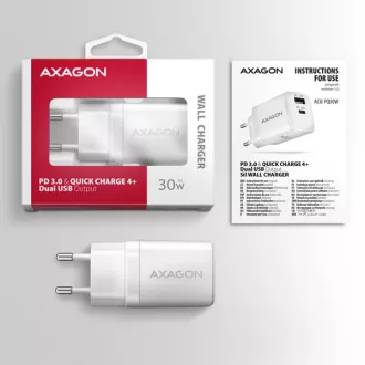AXAGON ACU-PQ30W Síl nabíjačka do siete 30W, 2x port (USB-A + USB-C), PD3.0/PPS/QC4+/SFC/AFC/Apple, biela