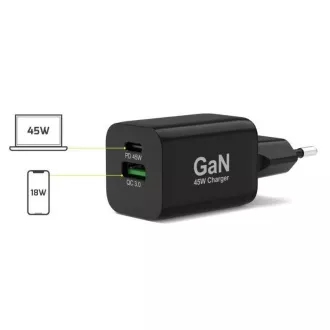 PORT sieťová nabíjačka pre USB-C a USB-A, 45 W, čierna